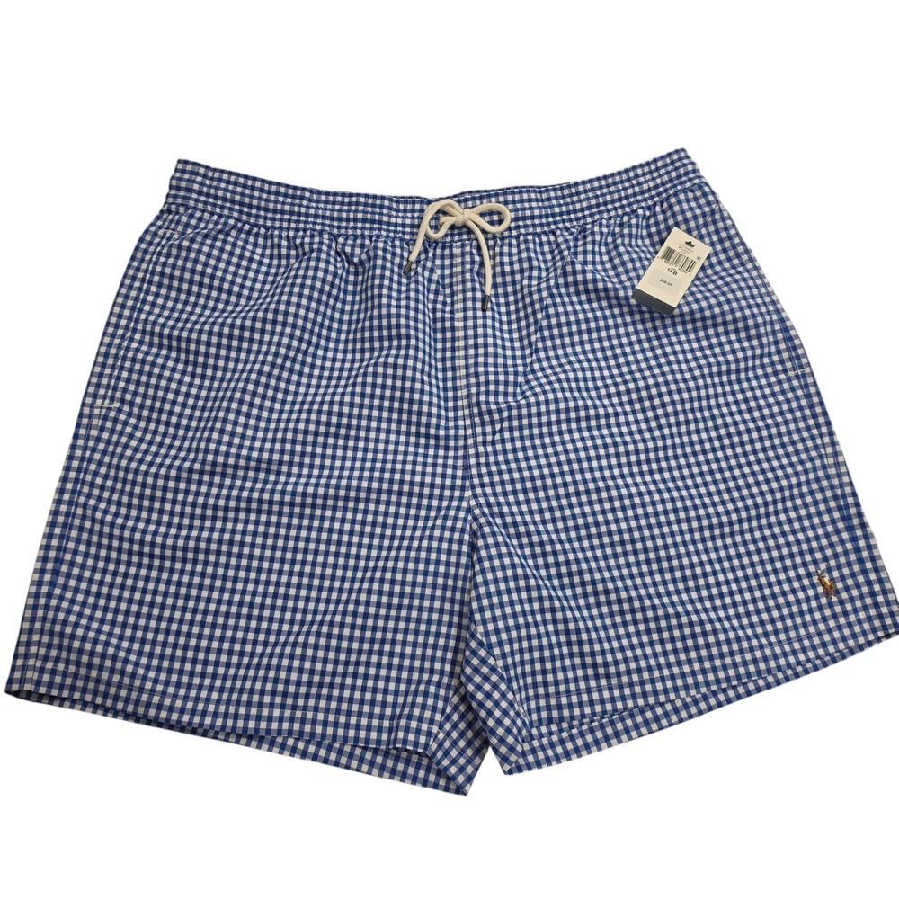 Polo by Ralph Lauren Blue & White Gingham Drawstring Swim Trunks